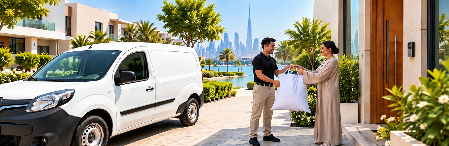 Laundry pickup and delivery van outside apartments in Arjan, Dubai