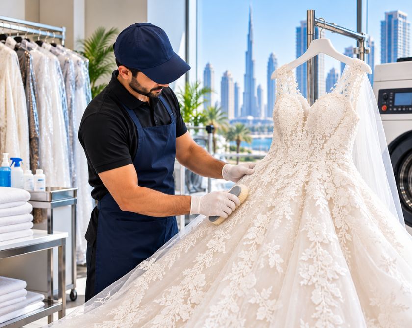 Staff member cleaning the Wedding Dress